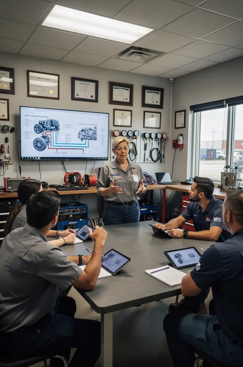 Serviceberater erklärt einem Kunden die Funktionsweise und Vorteile einer effizienten Klimaanlage im Auto.