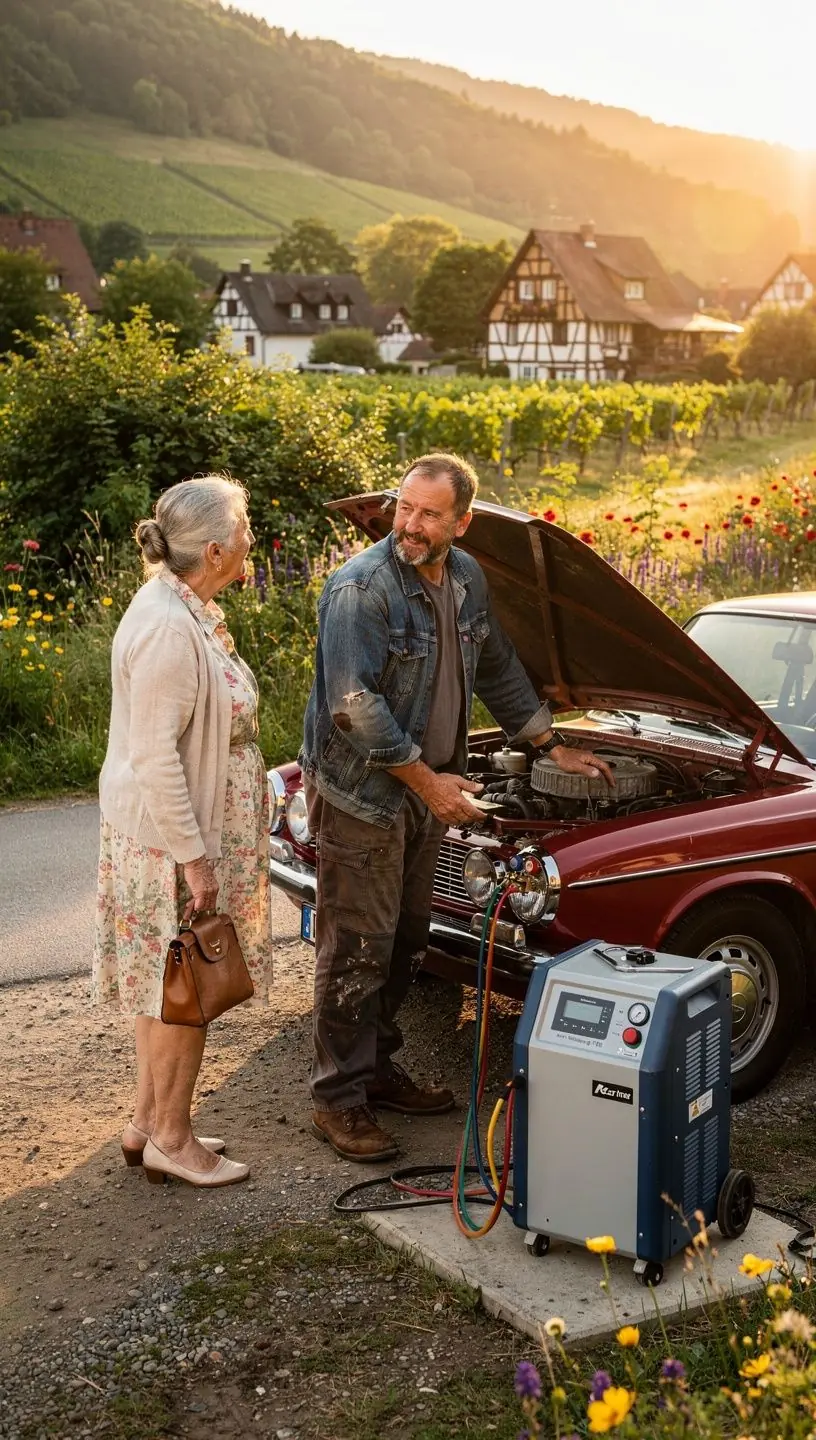 Nahaufnahme eines modernen Diagnosegeräts zur Fehleranalyse von Autoklimasystemen.